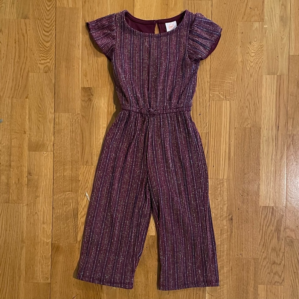 Girl’s Glittery Jumpsuit, 2T, Purple/Burgundy with Raised Pinstripes